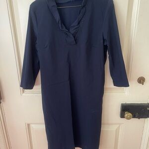 J.McLaughlin navy blue dress w ruffle collar stretch material best dress ever